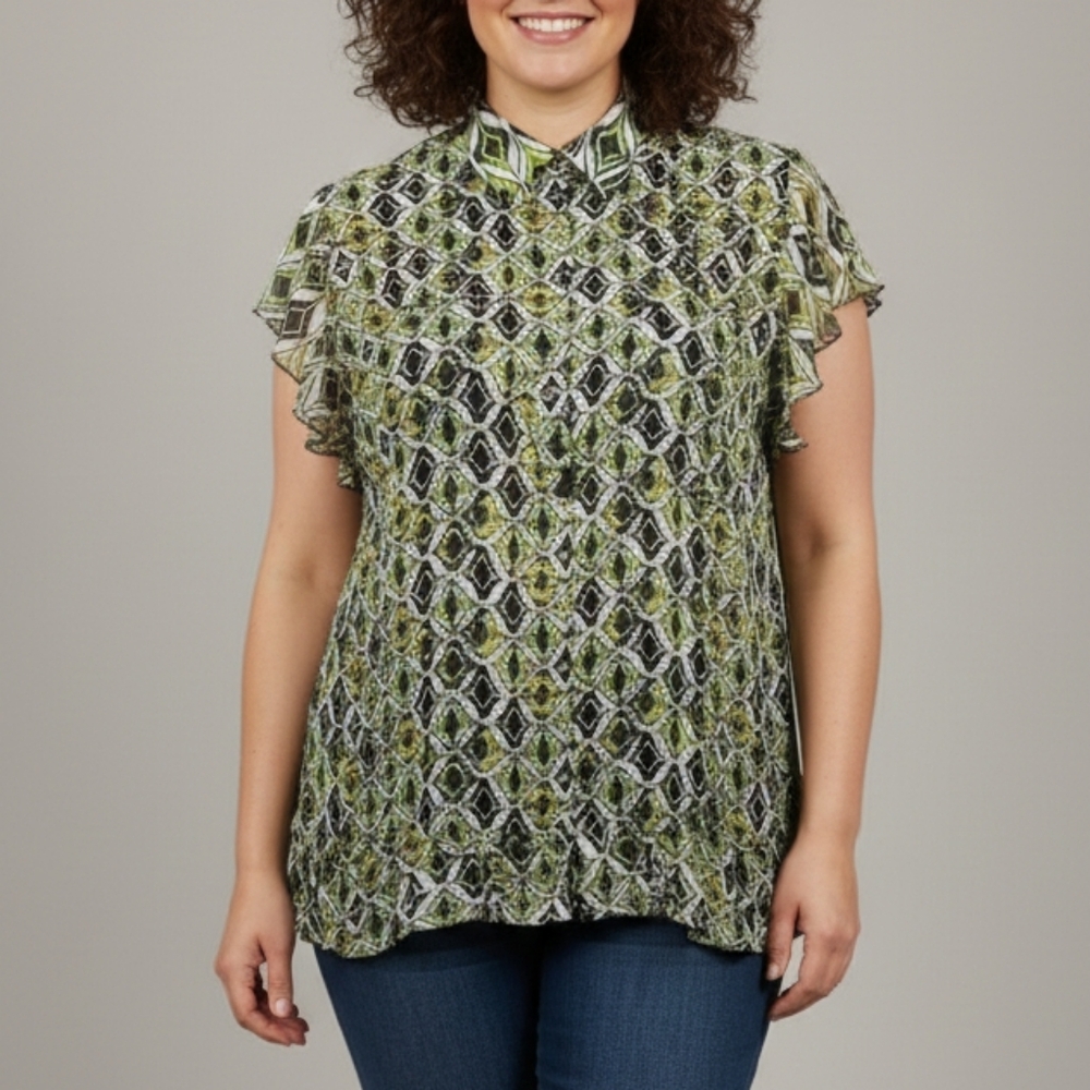 Essentials by Milano Women's Sheer Smocked Collared Button Down Shirt Size XL